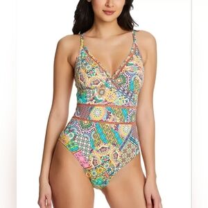 Bleu By Rod Beattie Seriously Sunny Colorful Patterned One-Piece Swimsuit 14 EUC